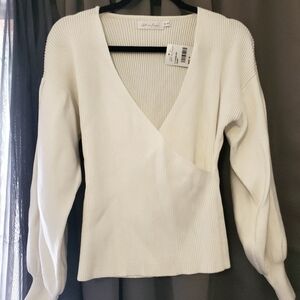 All In Favor Faux Wrap Sweater with Puff Sleeves